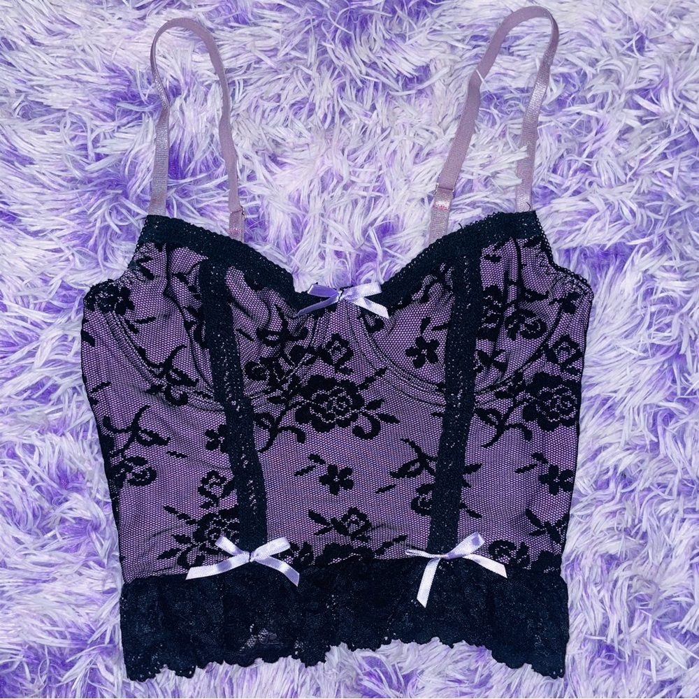 Purple and Black Lace Bustier Corset Style Crop Top - Women’s Size S